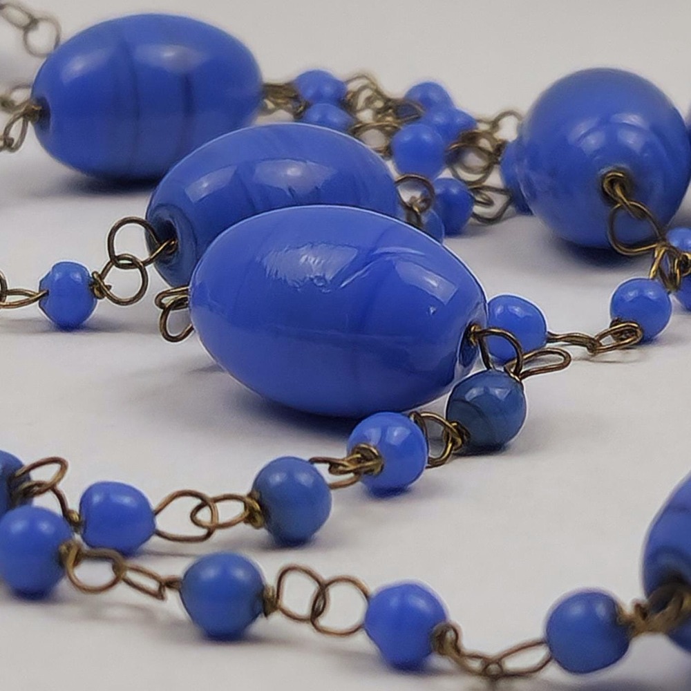 Antique Blue Swirl Glass Flapper Chain Necklace Hand Wired - Picture 5 of 11